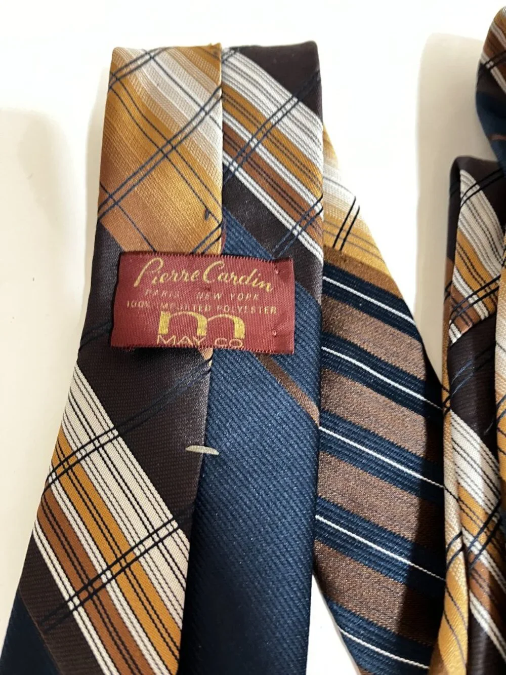 VTG PIERRE CARDIN Paris NEW YORK Blue/Brown Plaid & Striped MEN'S TIE-Preowned